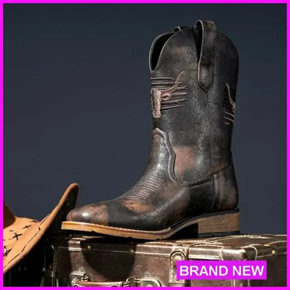 Square Toe Cowboy Boots Classic Patriot Embroidered Western Vegan Leather Pull